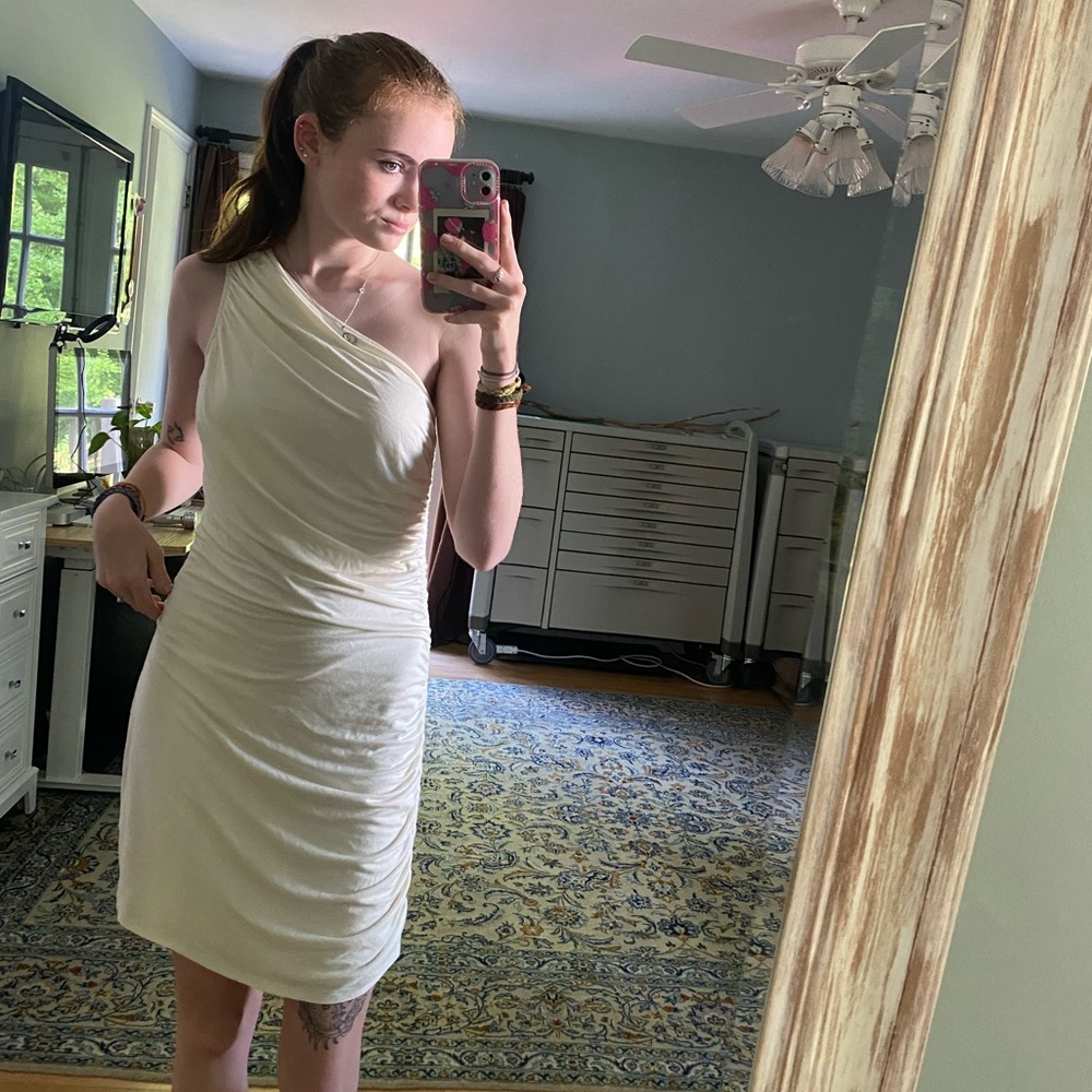 a new day one shoulder cream dress ruched sides